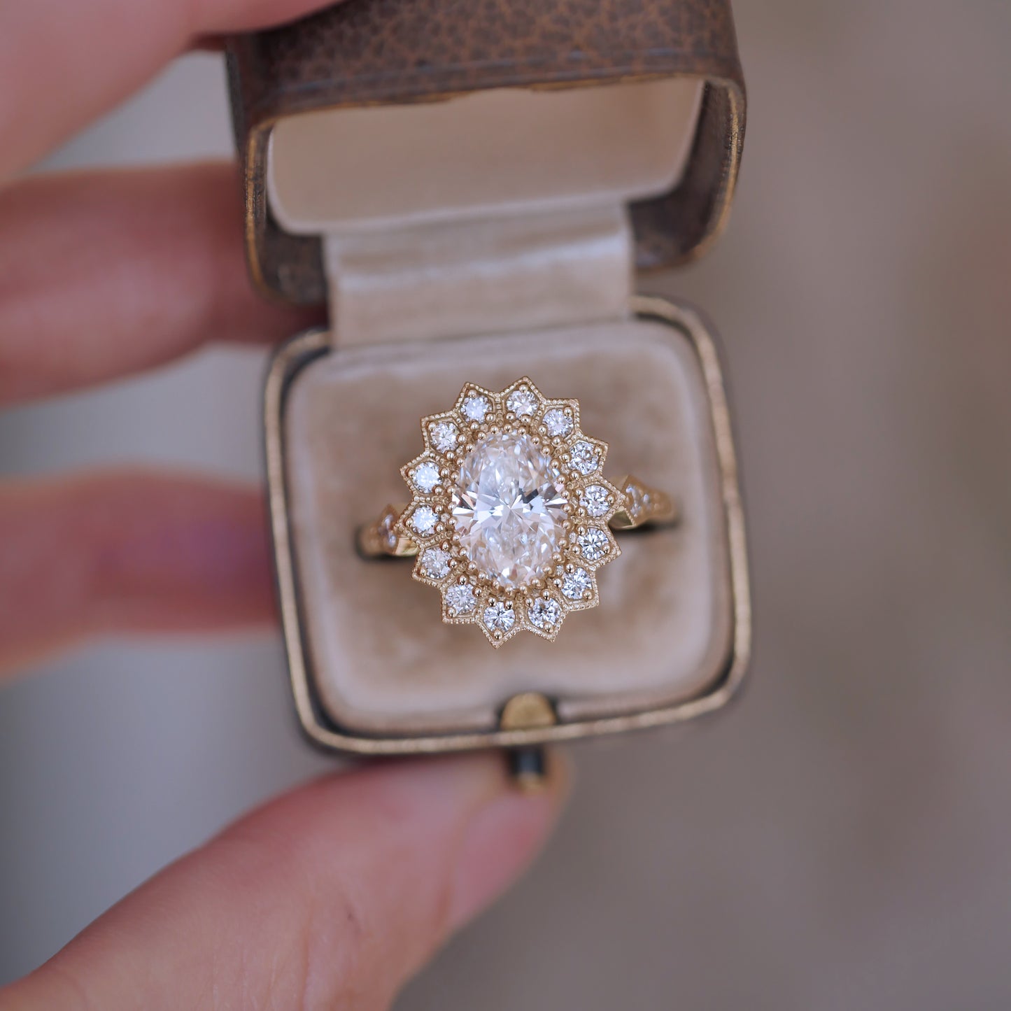 Custom Oval Diamond Mosaic Sunflower Ring 2.00 ctw. center