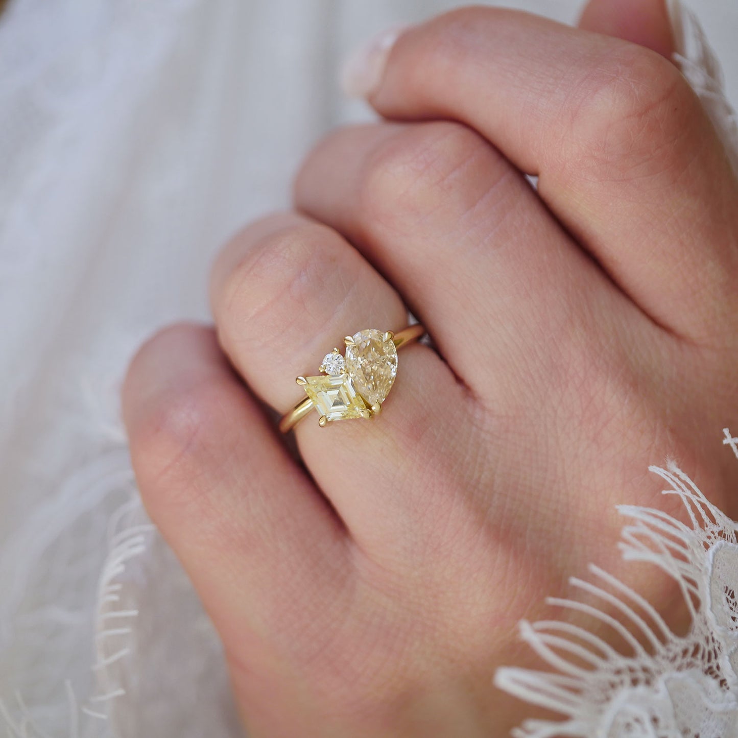Yellow Lozenge Cluster Toi et Moi Diamond Ring