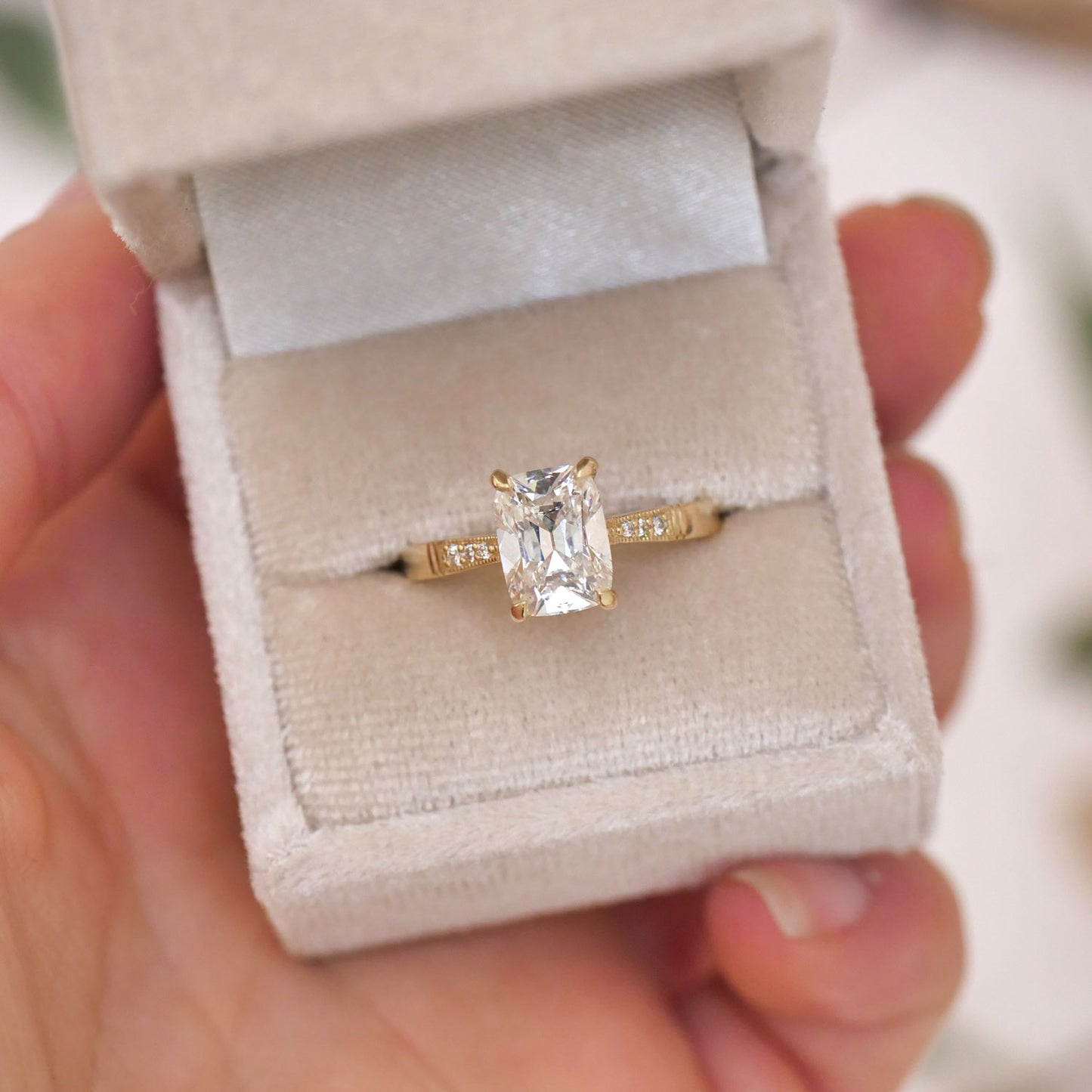 Custom Elongated Antique Cushion Lab Engagement Ring