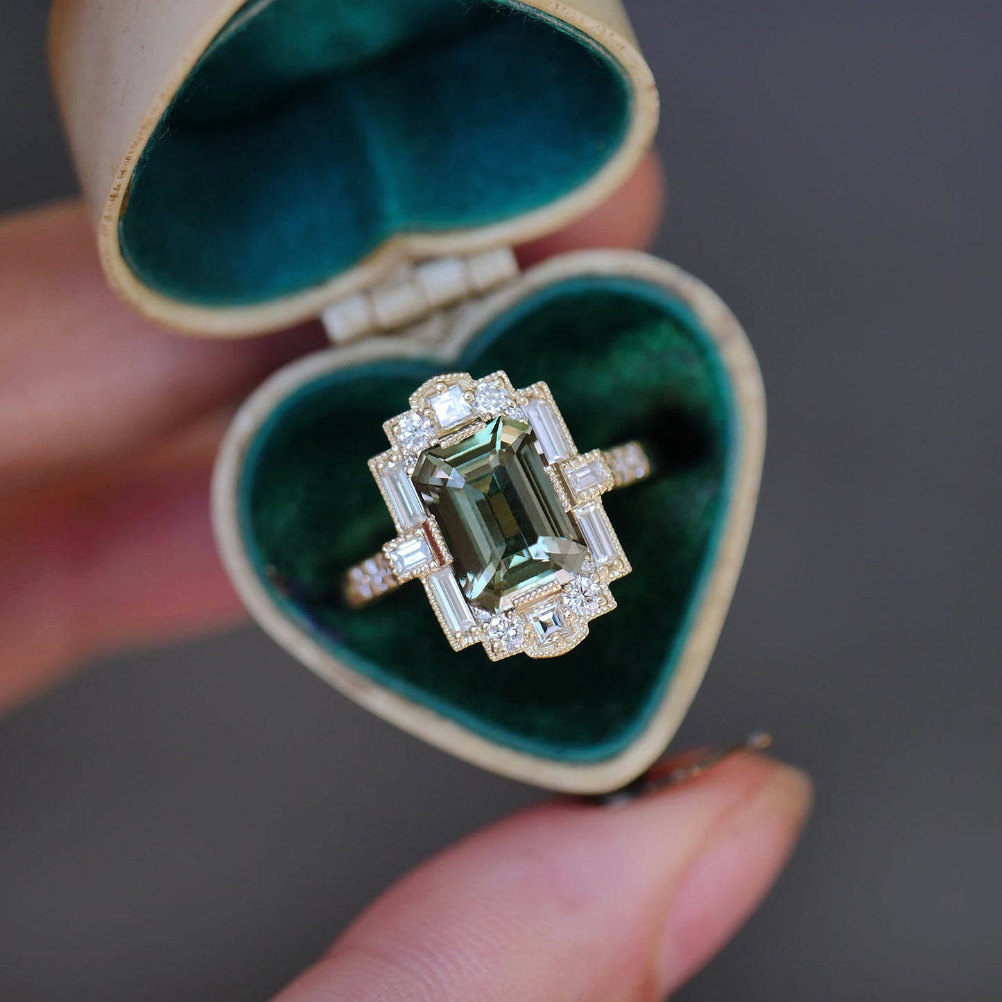 Green Teal Sapphire Deco Emerald Cut Diamond Mosaic Ring
