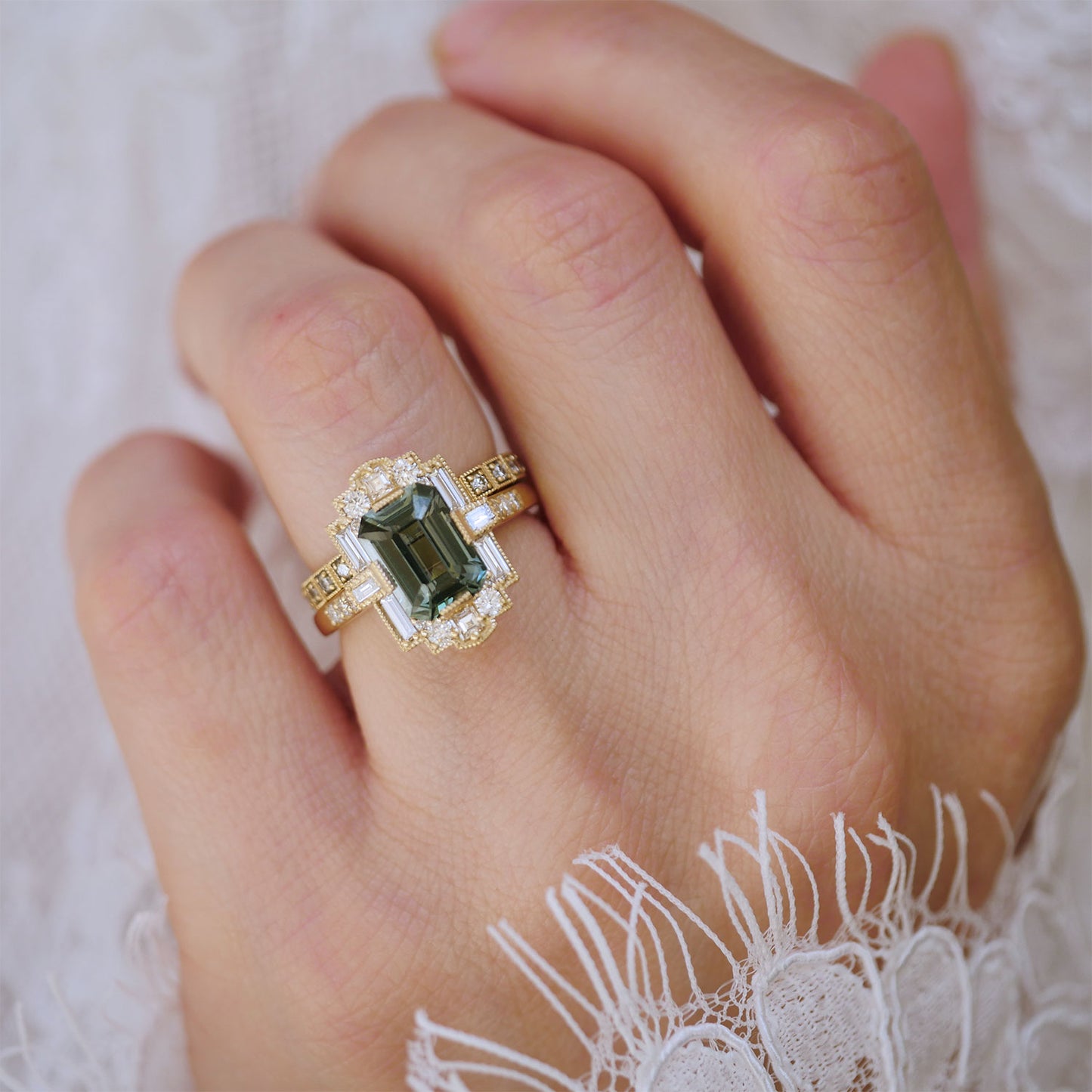 Green Teal Sapphire Deco Emerald Cut Diamond Mosaic Ring