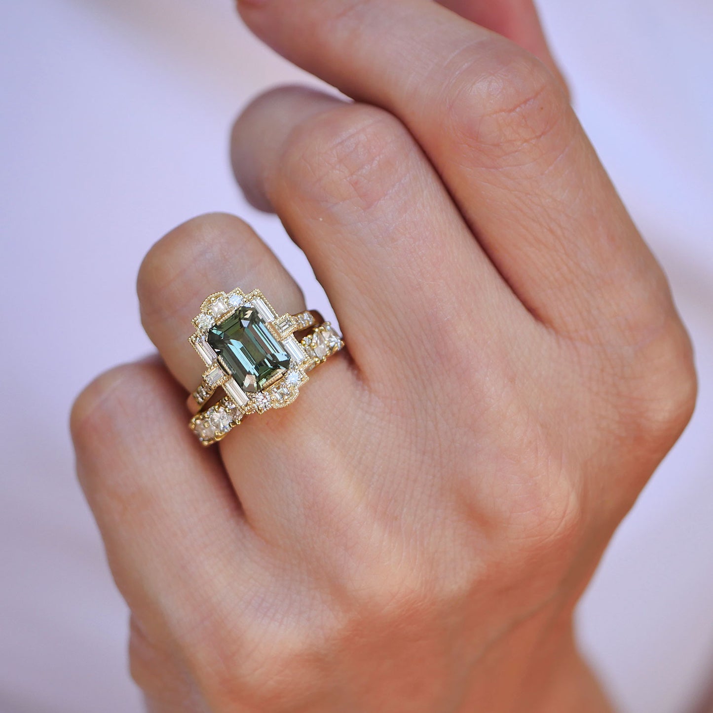 Green Teal Sapphire Deco Emerald Cut Diamond Mosaic Ring