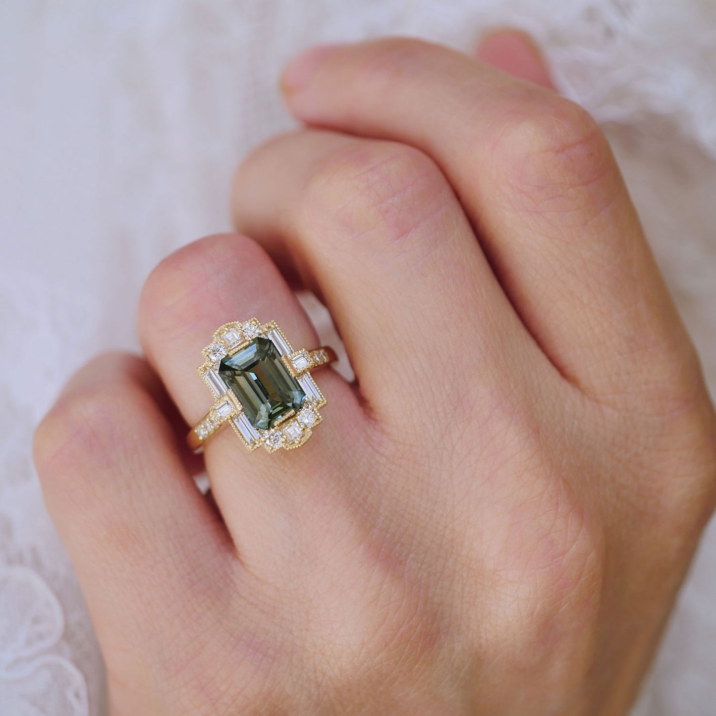 Green Teal Sapphire Deco Emerald Cut Diamond Mosaic Ring
