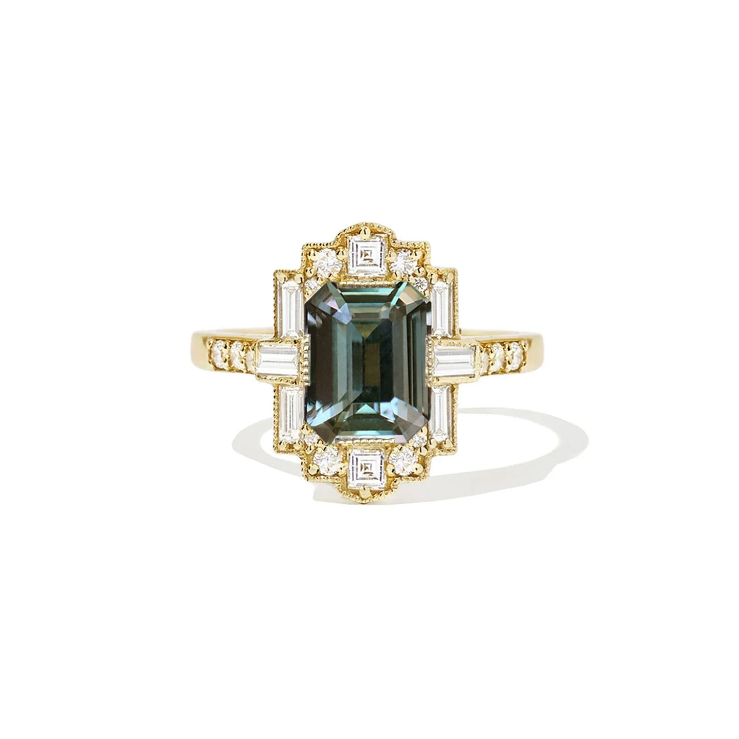 Green Teal Sapphire Deco Emerald Cut Diamond Mosaic Ring