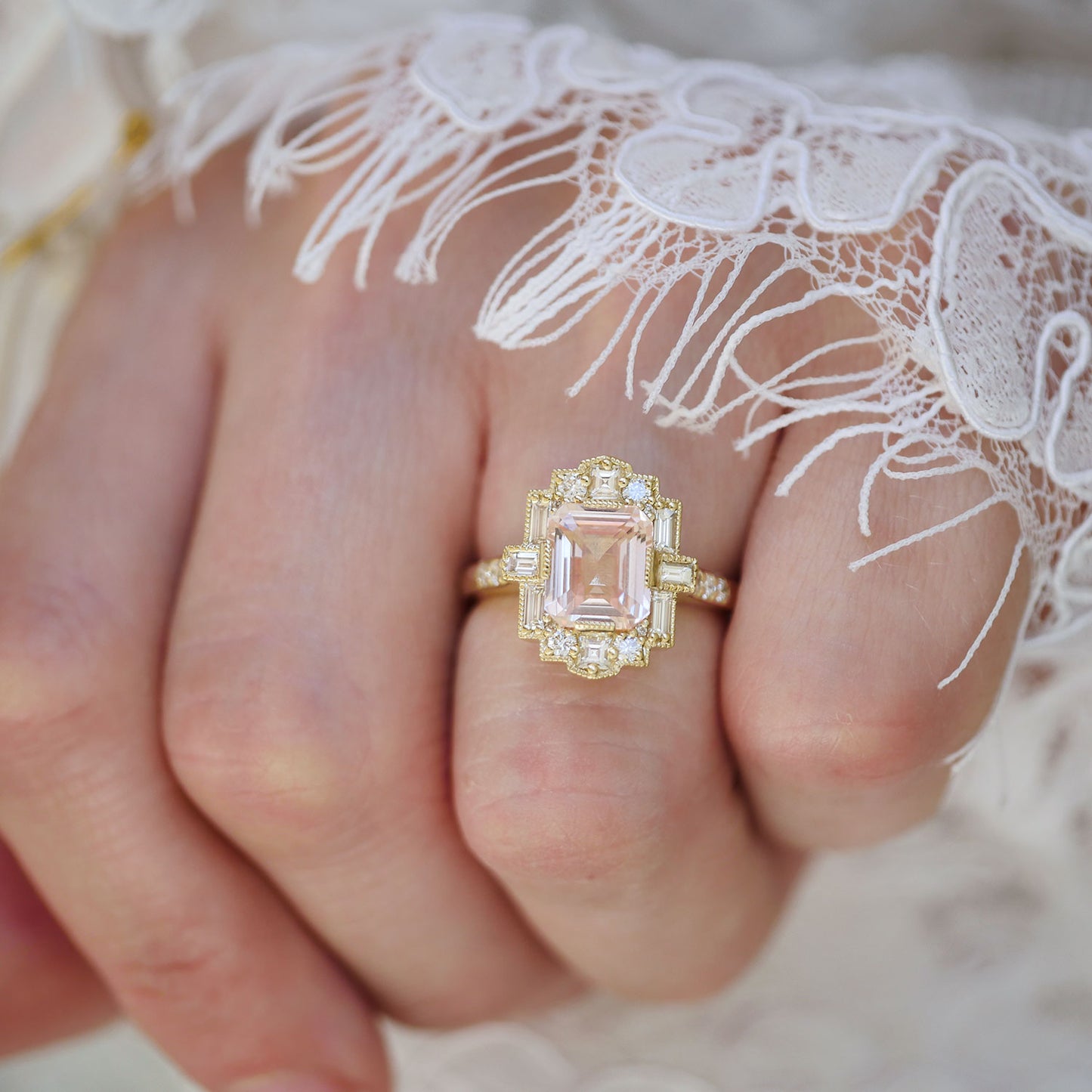 Peach Sapphire Deco Emerald Cut Diamond Mosaic Ring