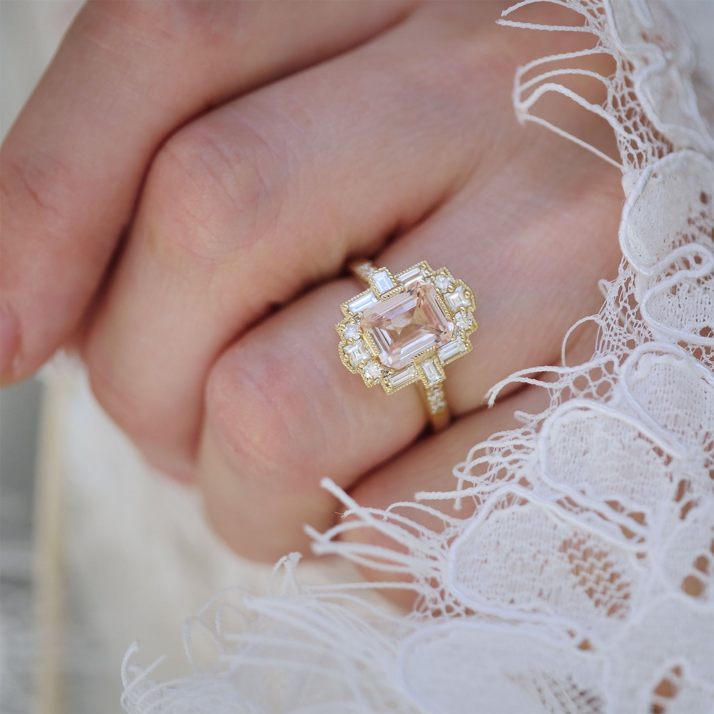 Peach Sapphire Deco Emerald Cut Diamond Mosaic Ring