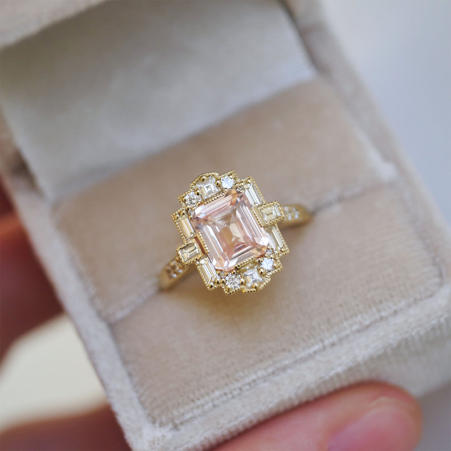 Peach Sapphire Deco Emerald Cut Diamond Mosaic Ring