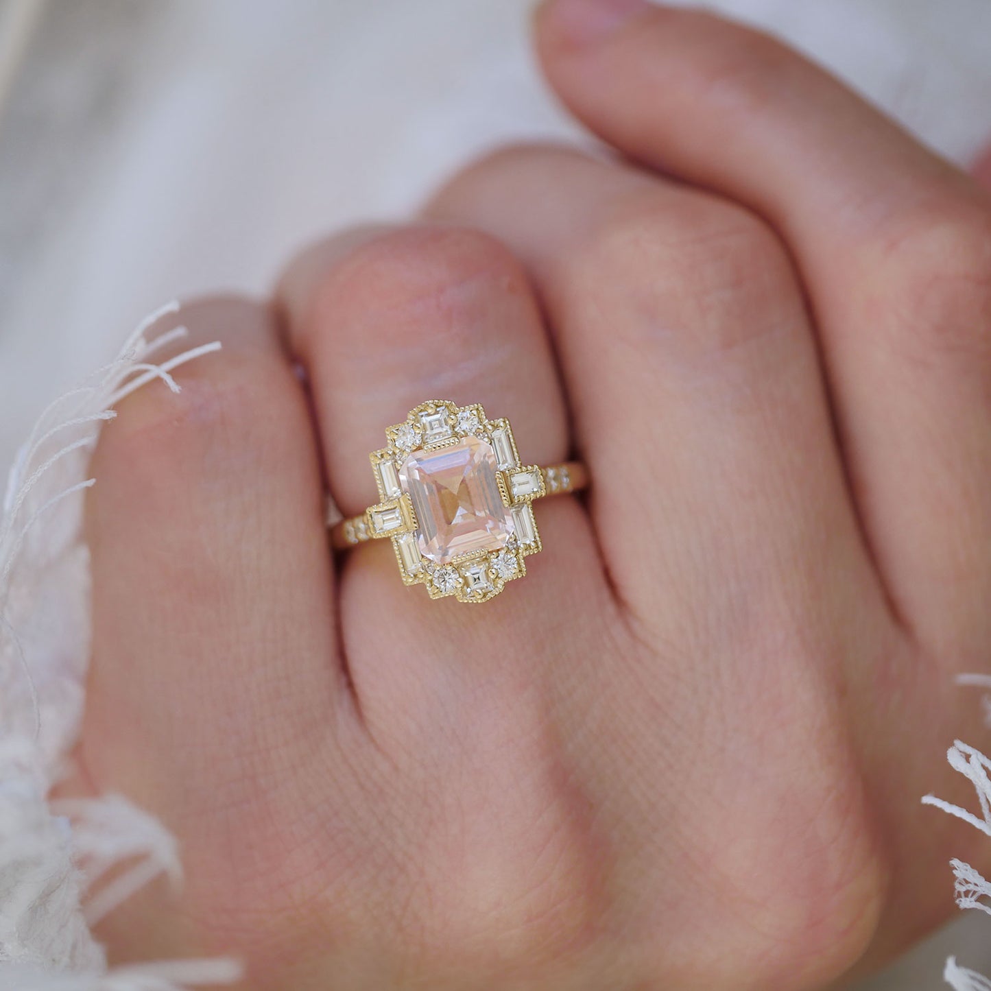 Peach Sapphire Deco Emerald Cut Diamond Mosaic Ring