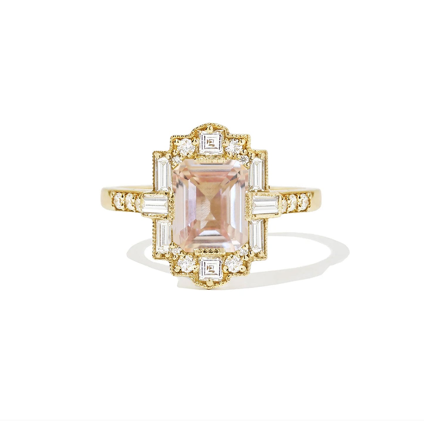 Peach Sapphire Deco Emerald Cut Diamond Mosaic Ring