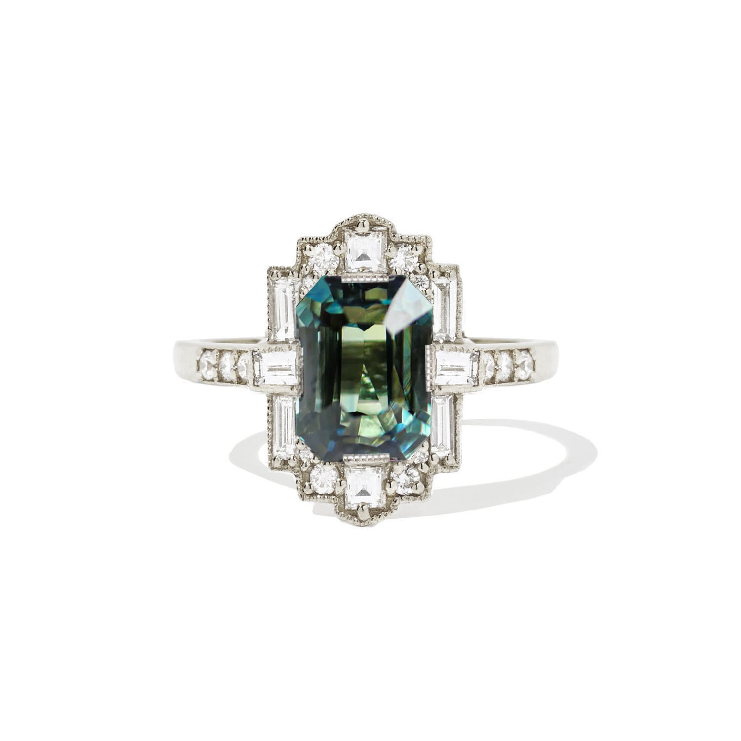 Blue Green Emerald Cut Sapphire Halo Engagement Ring Berlinger