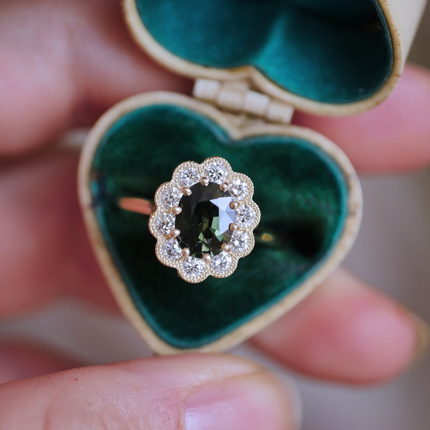 Custom Green Sapphire Halo Engagement Ring