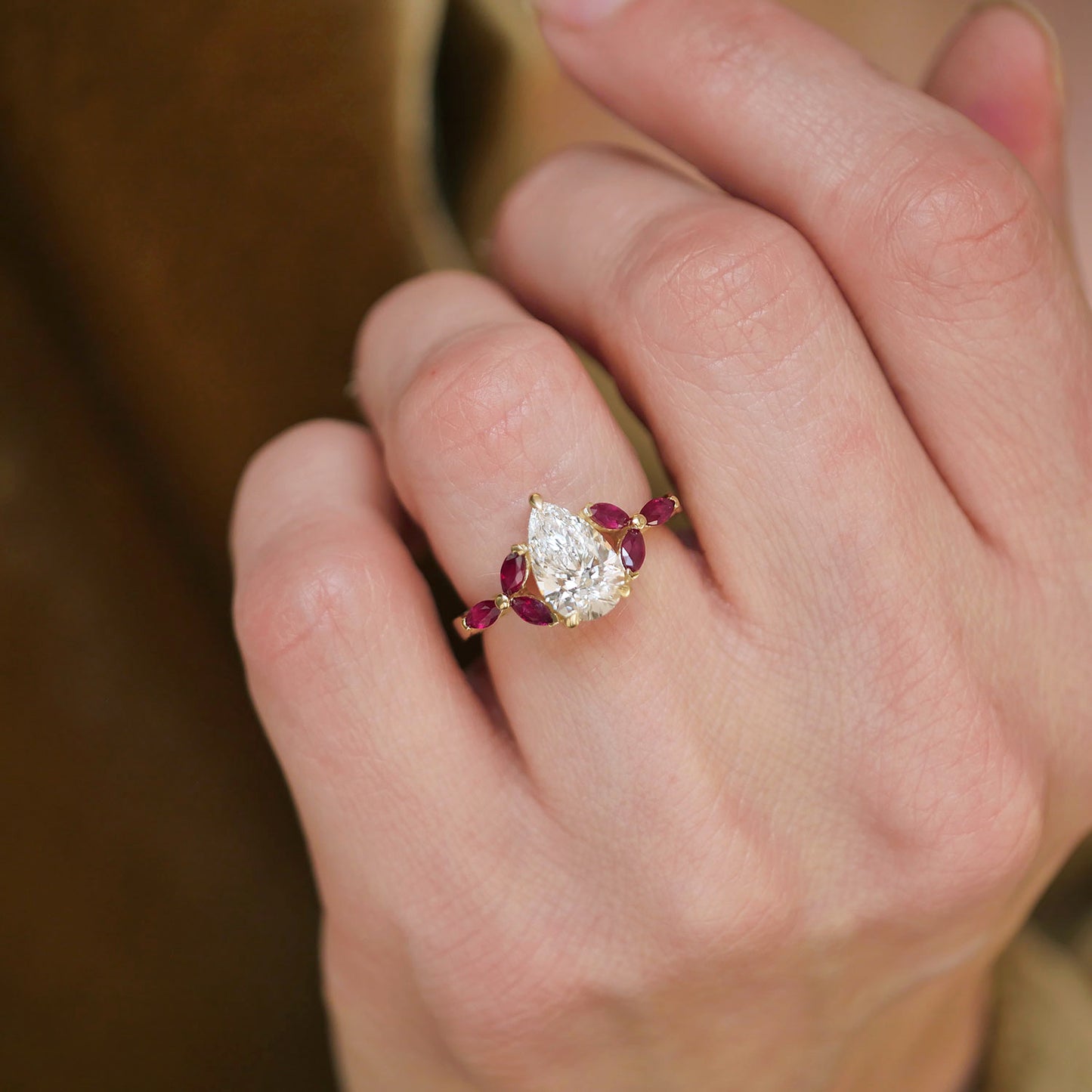 Custom Pear Diamond and Ruby Marquise Ring