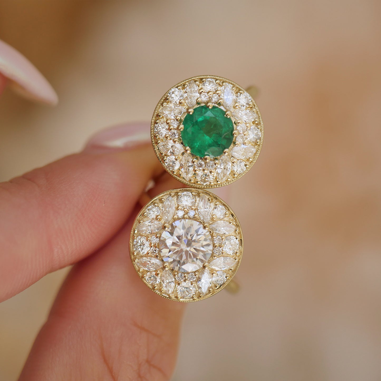 Emerald Marquise & Round Rose Cut Diamond Mosaic Ring