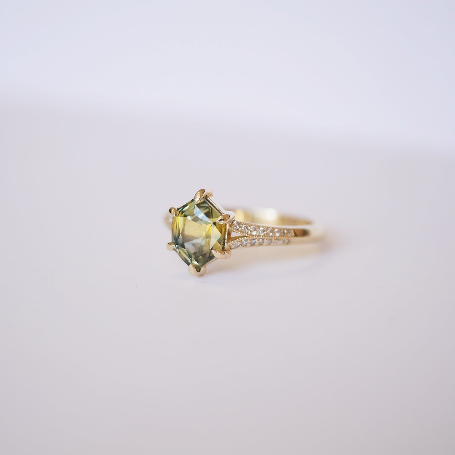 Custom Split Shank Hexagon Sapphire Diamond Ring