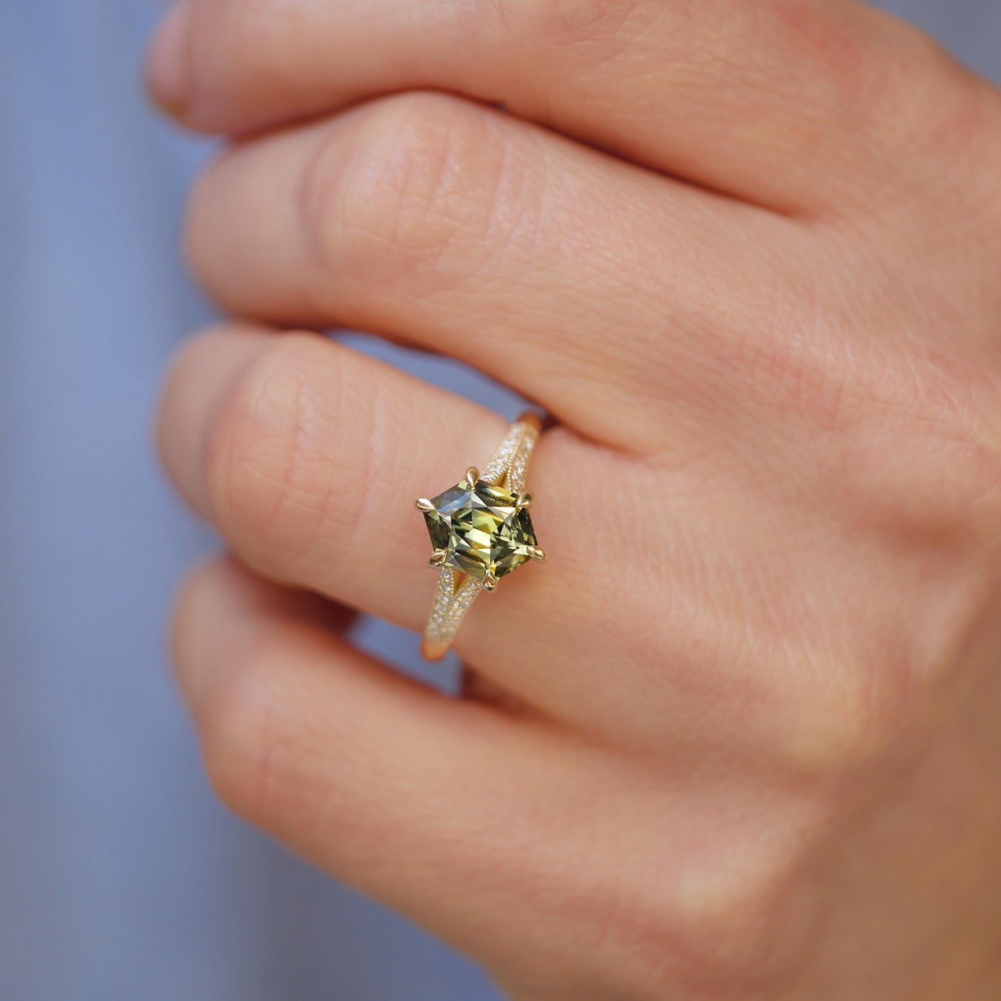 Custom Split Shank Hexagon Sapphire Diamond Ring