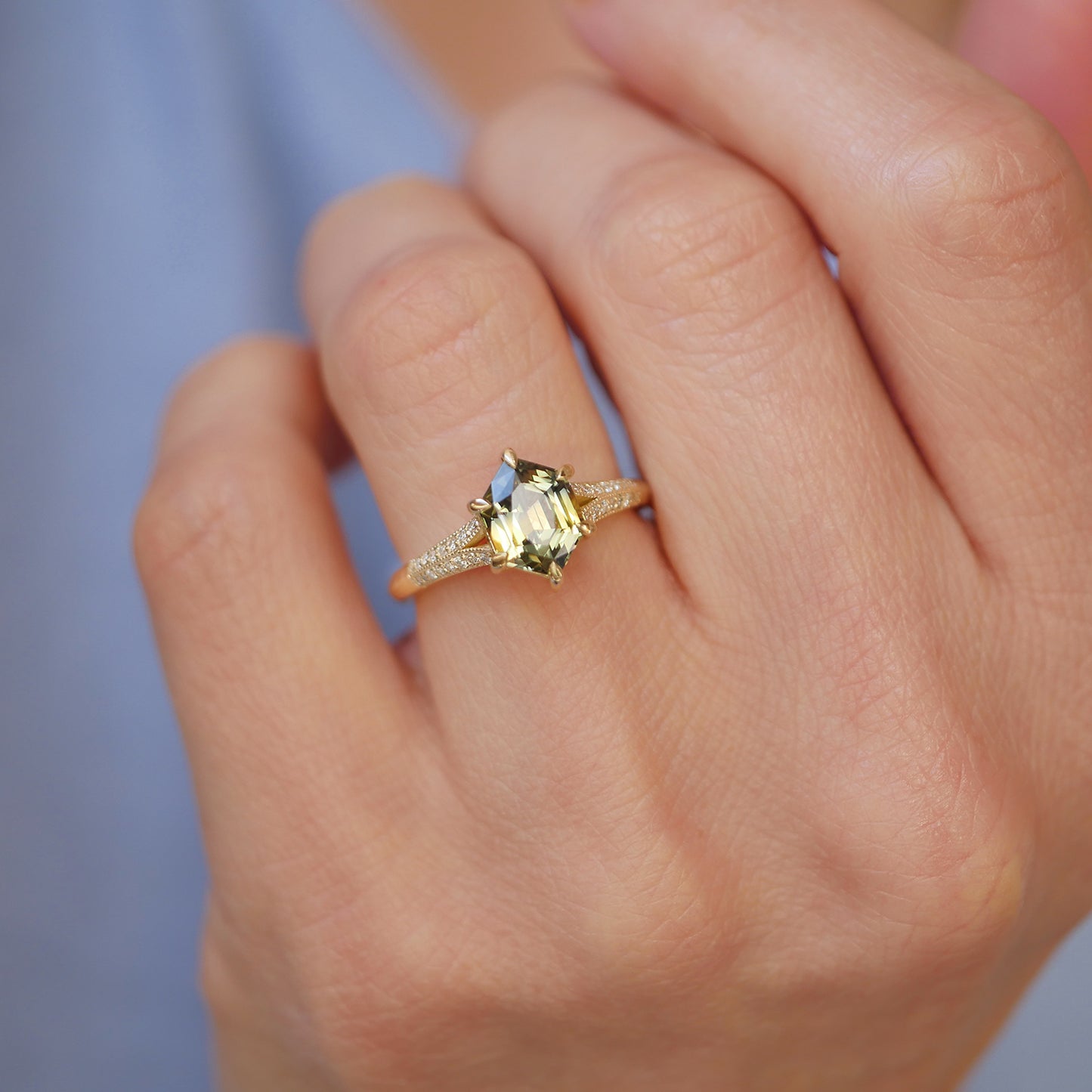 Custom Split Shank Hexagon Sapphire Diamond Ring