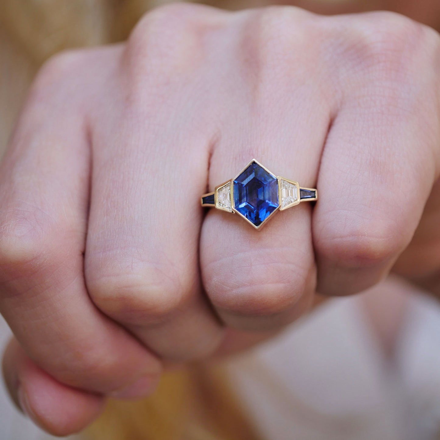 Hexagon Blue Sapphire & Tapered Baguette Diamond Ring