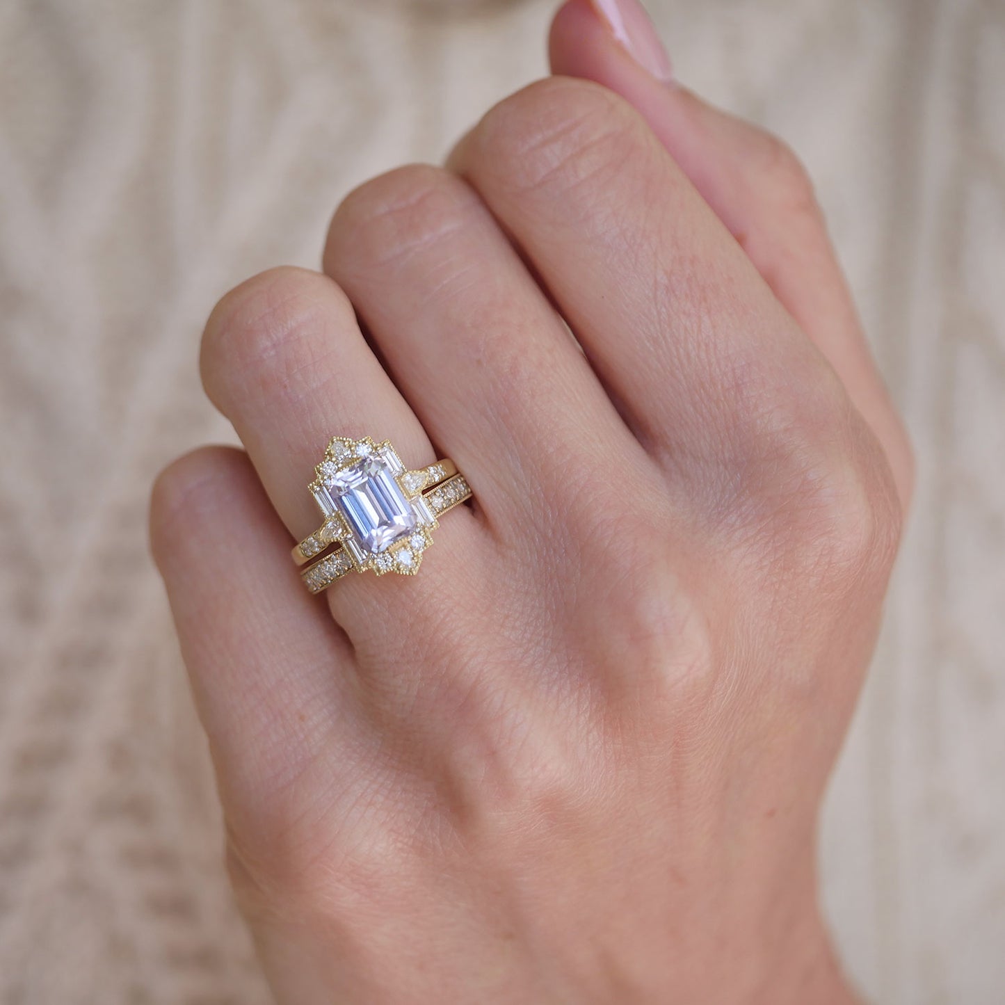 Lavender Sapphire Deco Emerald & Pear Diamond Mosaic Ring