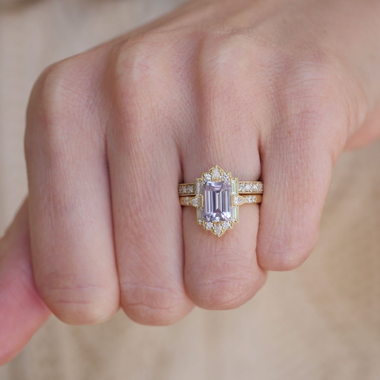 Lavender Sapphire Deco Emerald & Pear Diamond Mosaic Ring