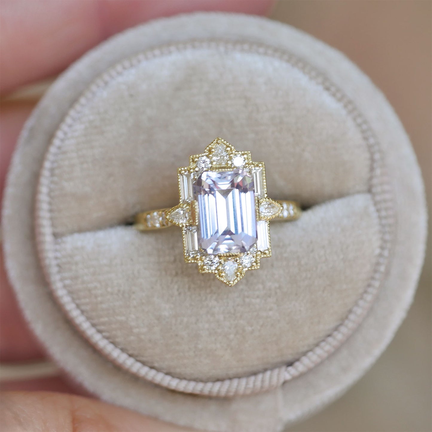 Lavender Sapphire Deco Emerald & Pear Diamond Mosaic Ring