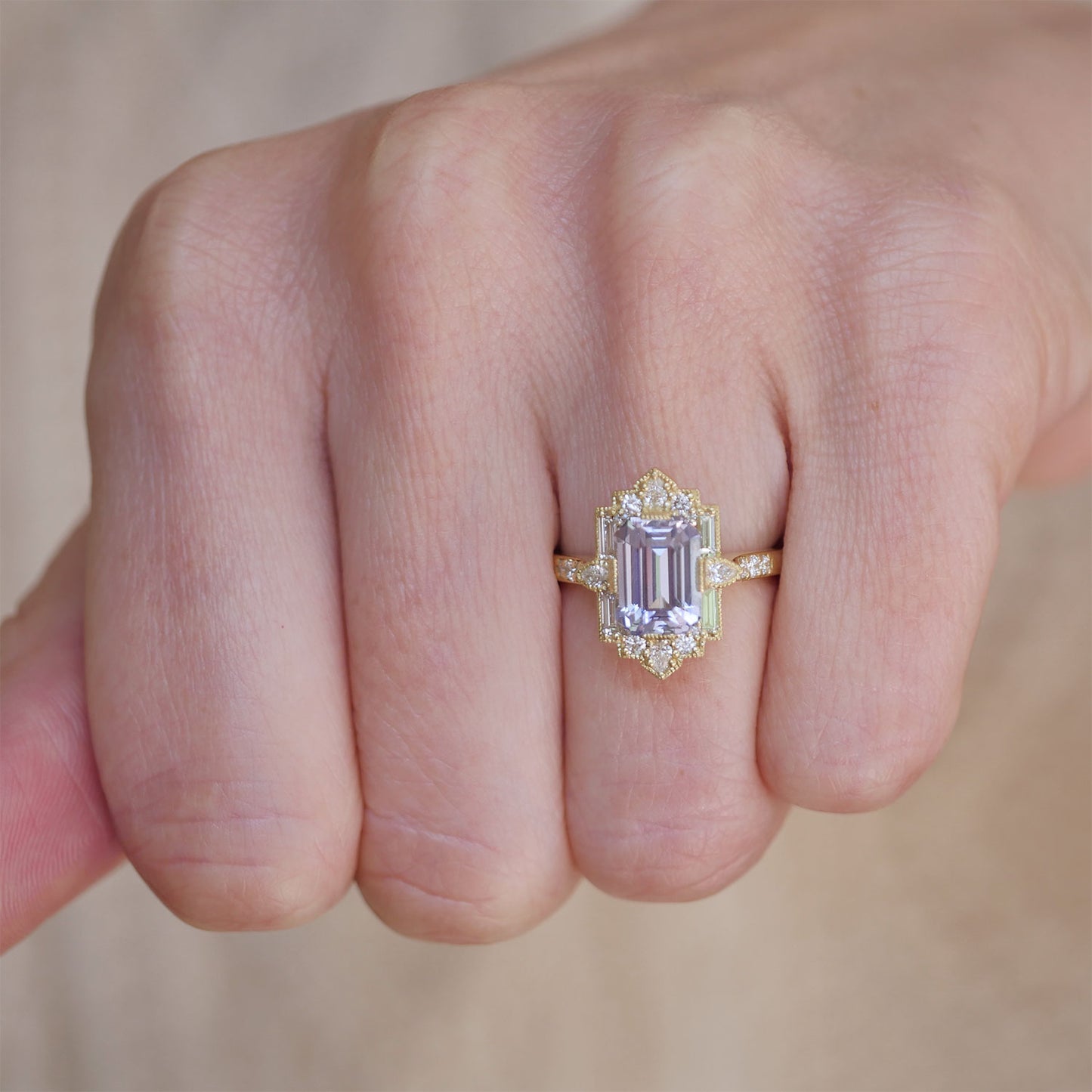 Lavender Sapphire Deco Emerald & Pear Diamond Mosaic Ring