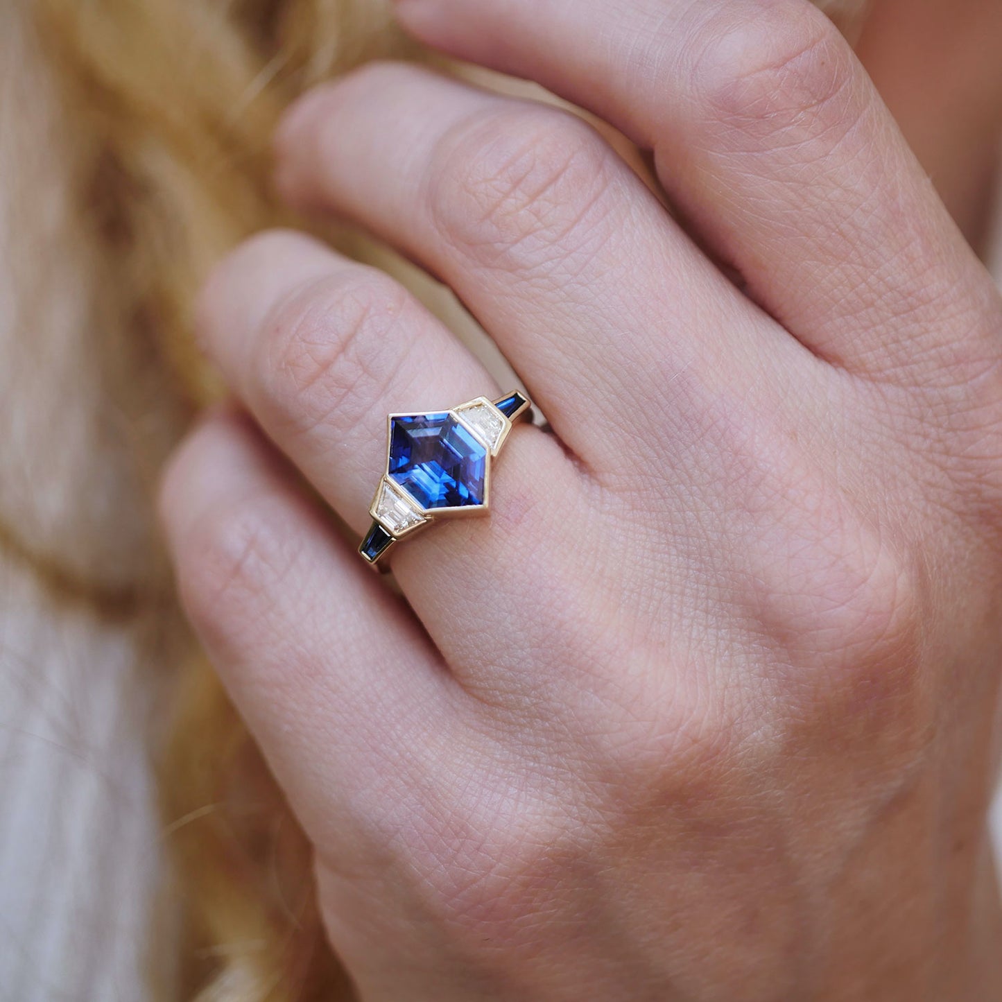 Hexagon Blue Sapphire & Tapered Baguette Diamond Ring