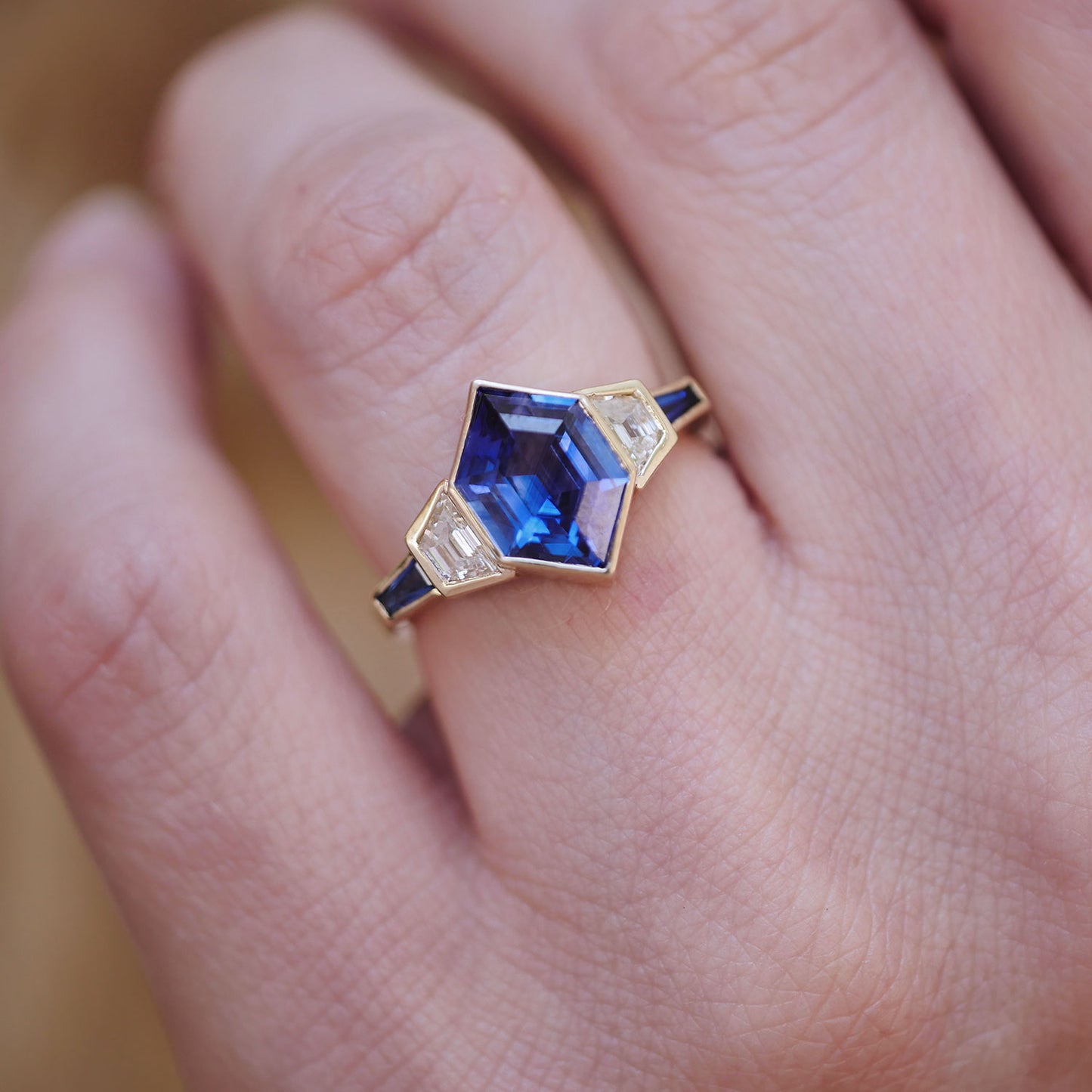 Hexagon Blue Sapphire & Tapered Baguette Diamond Ring