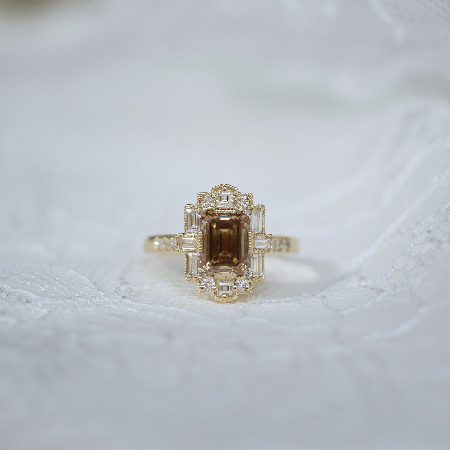 Deco Emerald Cut Champagne Diamond Mosaic Ring