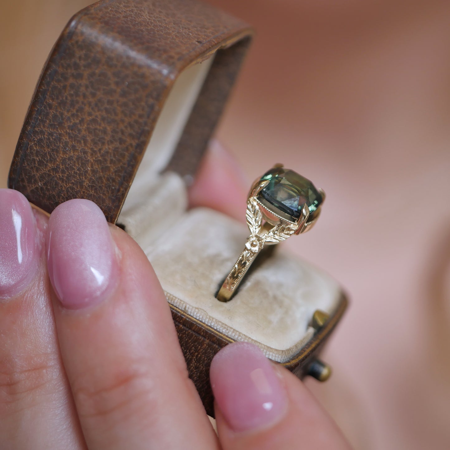 Forest Green Sapphire Split Shank Solitaire w/ leaves