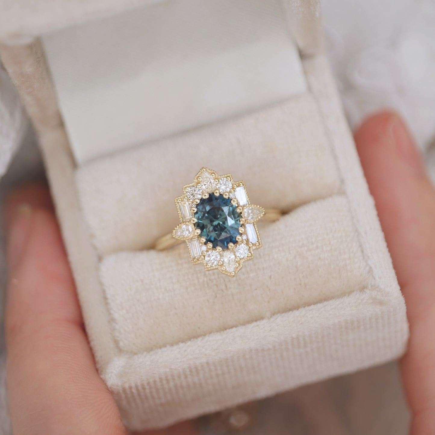 Teal Sapphire Oval Deco Emerald & Pear Diamond Mosaic Ring