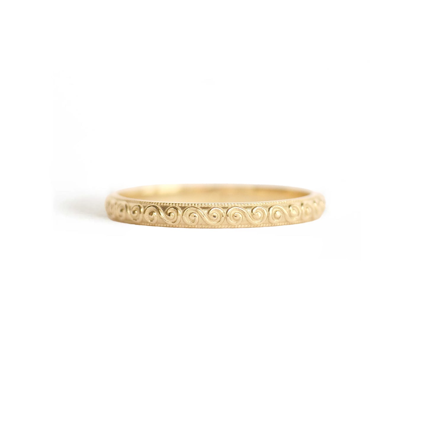 14k yellow gold delicate wind spiral wedding band.