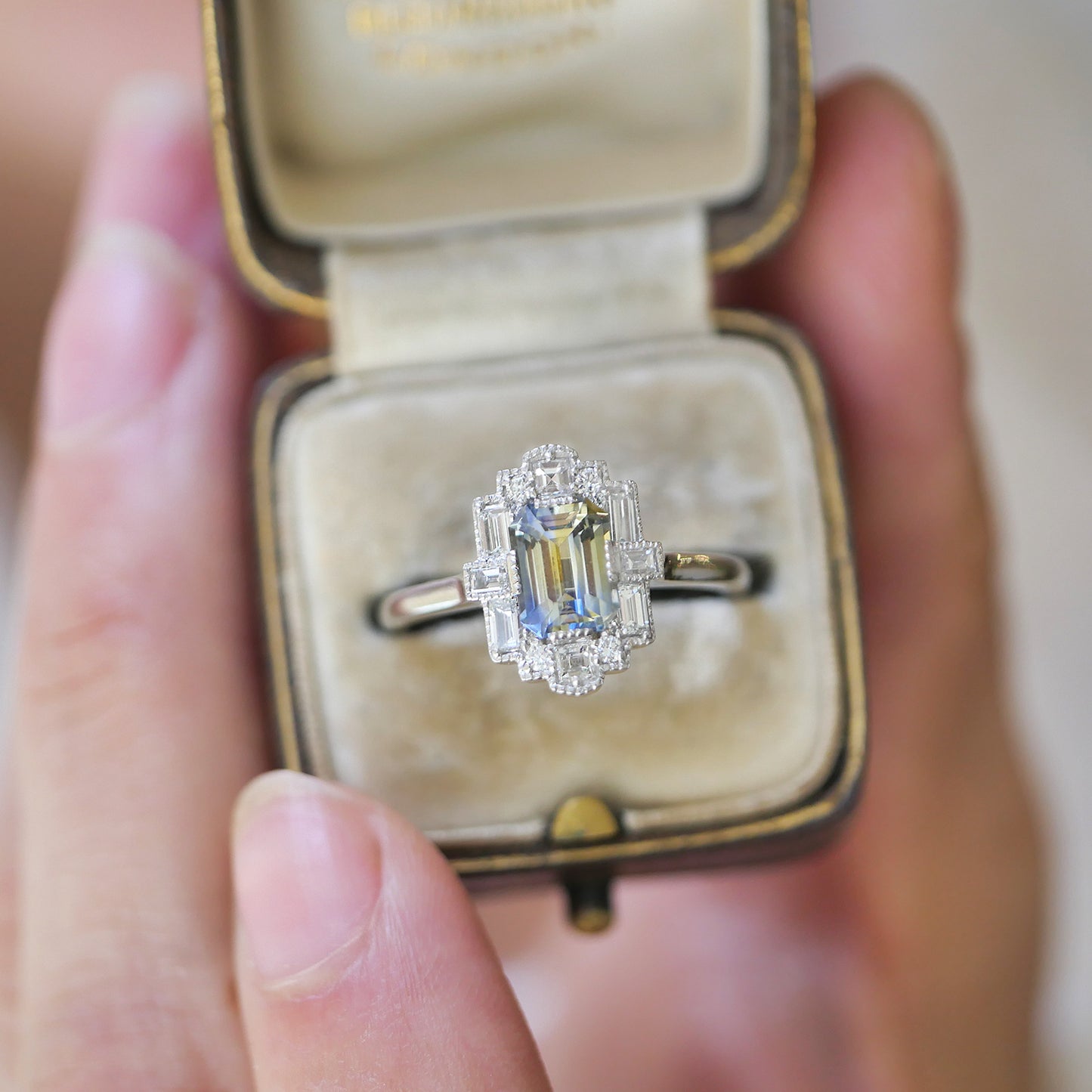 Bi-Color Sapphire Deco Emerald Cut Diamond Mosaic Ring