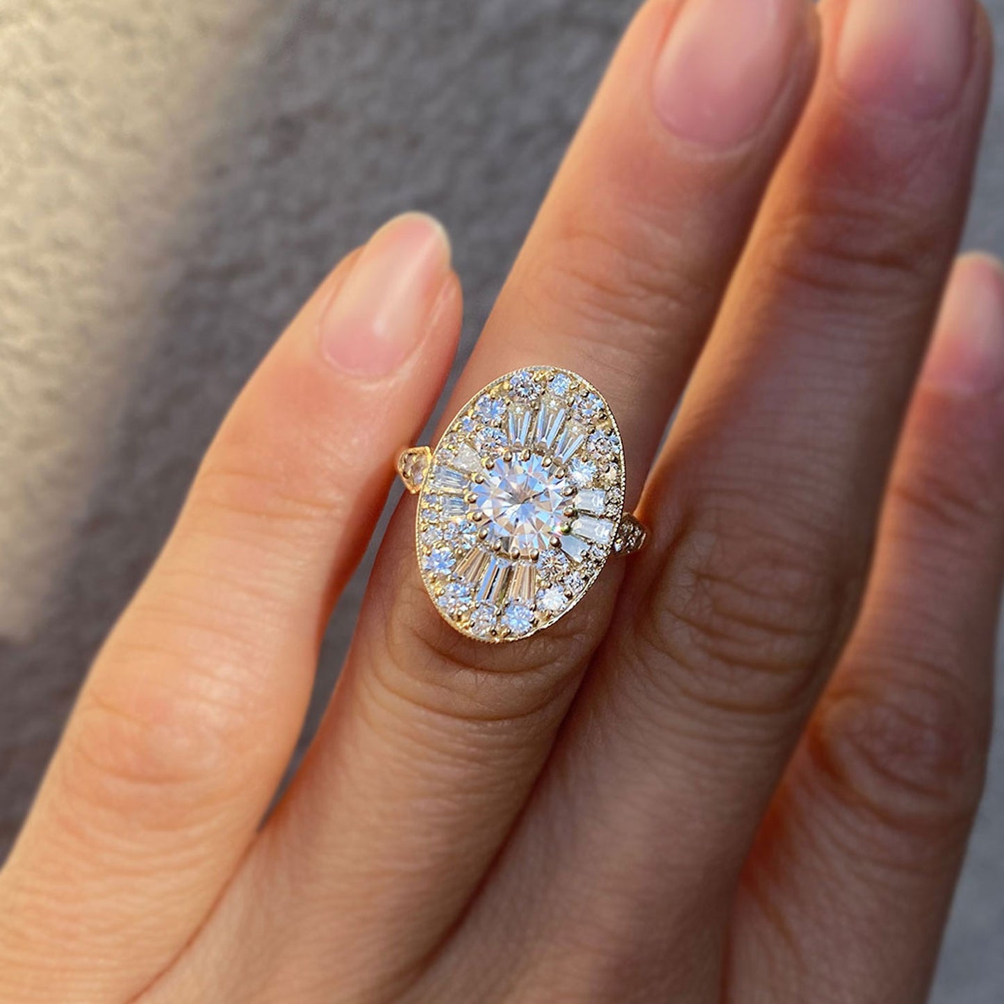 Custom Oval Shape Ballerina Round Diamond Mosaic Ring 1.00 ctw Moissanite center