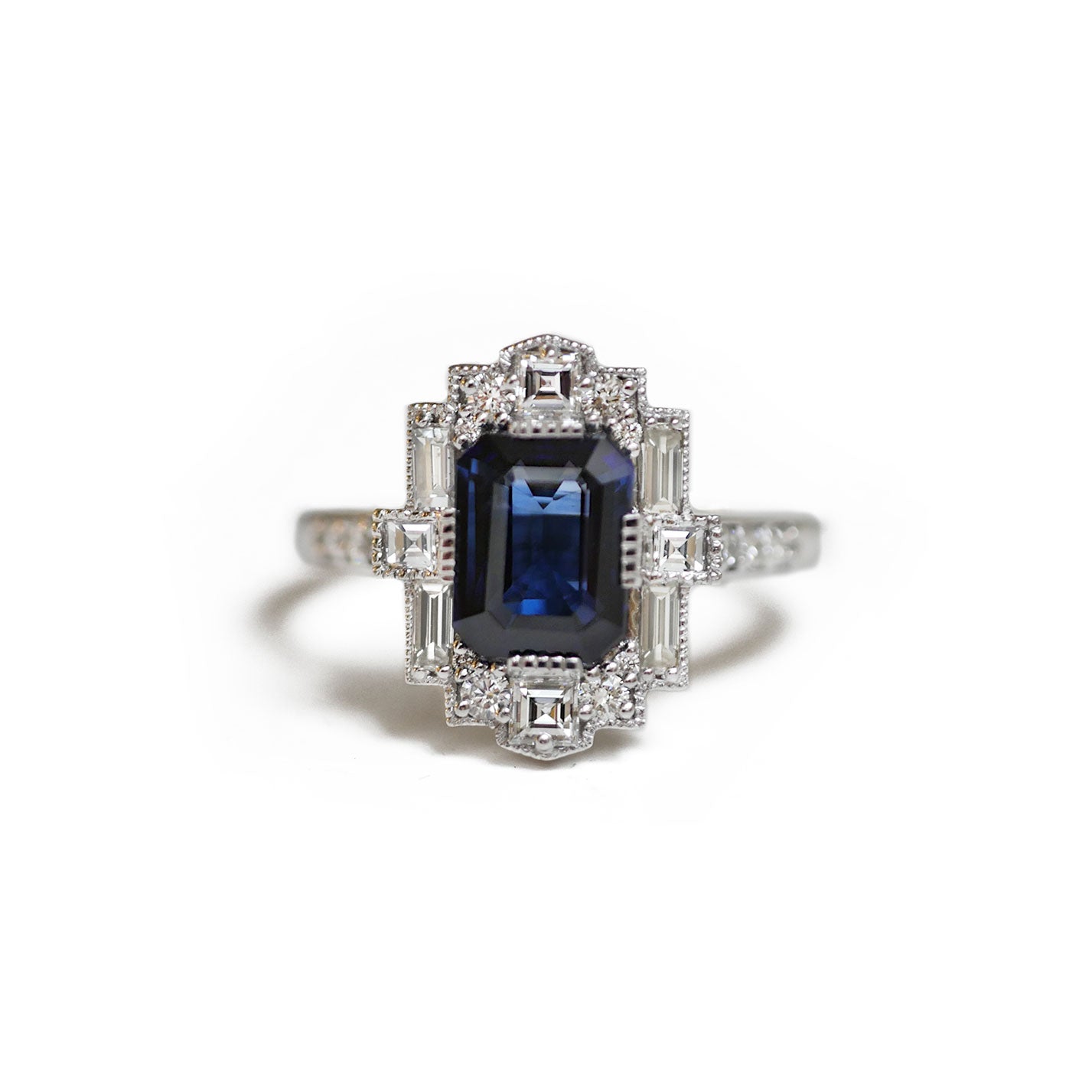 Dark Blue Emerald Cut Sapphire Halo Engagement Ring Berlinger