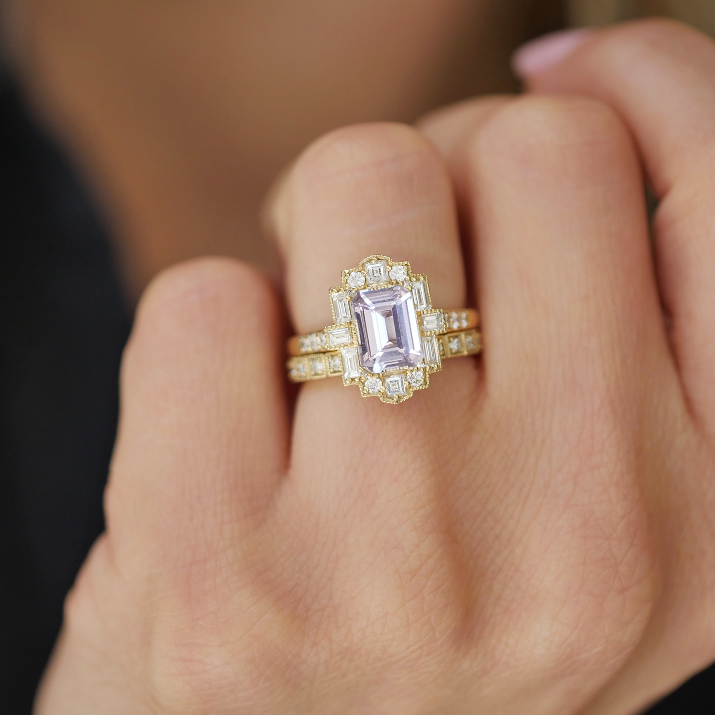 Lavender Emerald Cut Sapphire Deco Halo Diamond Ring