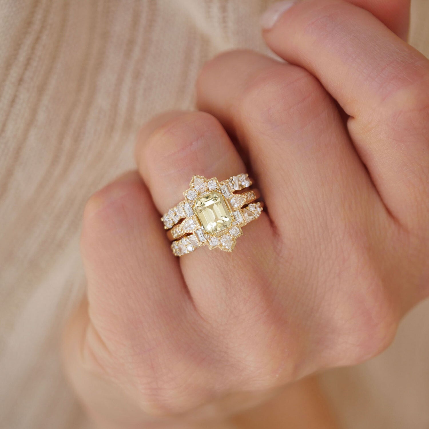 Yellow Sapphire Deco Emerald & Pear Diamond Mosaic Ring