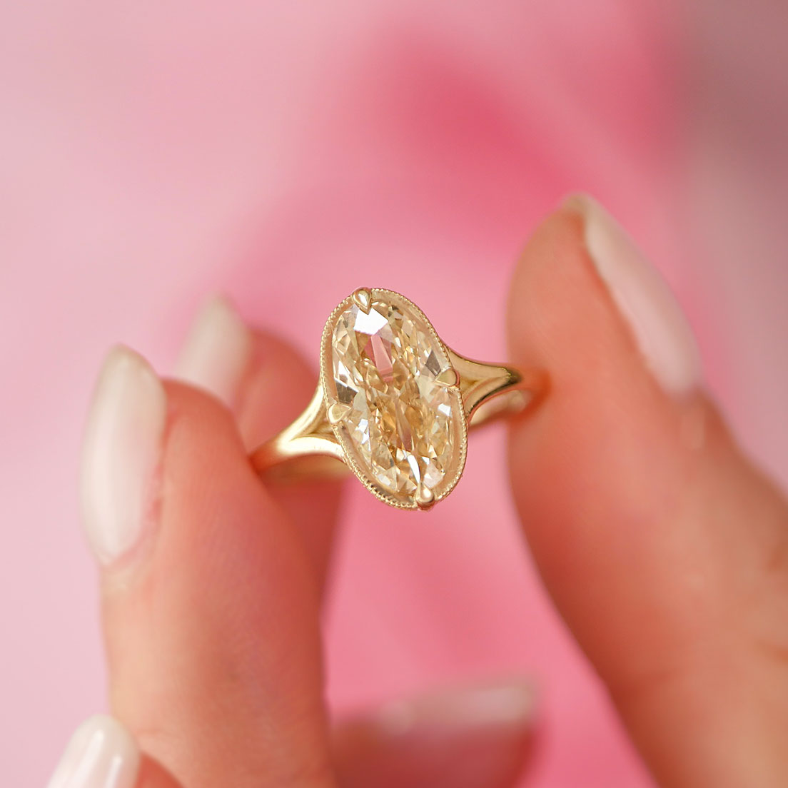 Split Shank Champagne Antique Moval Diamond Solitaire