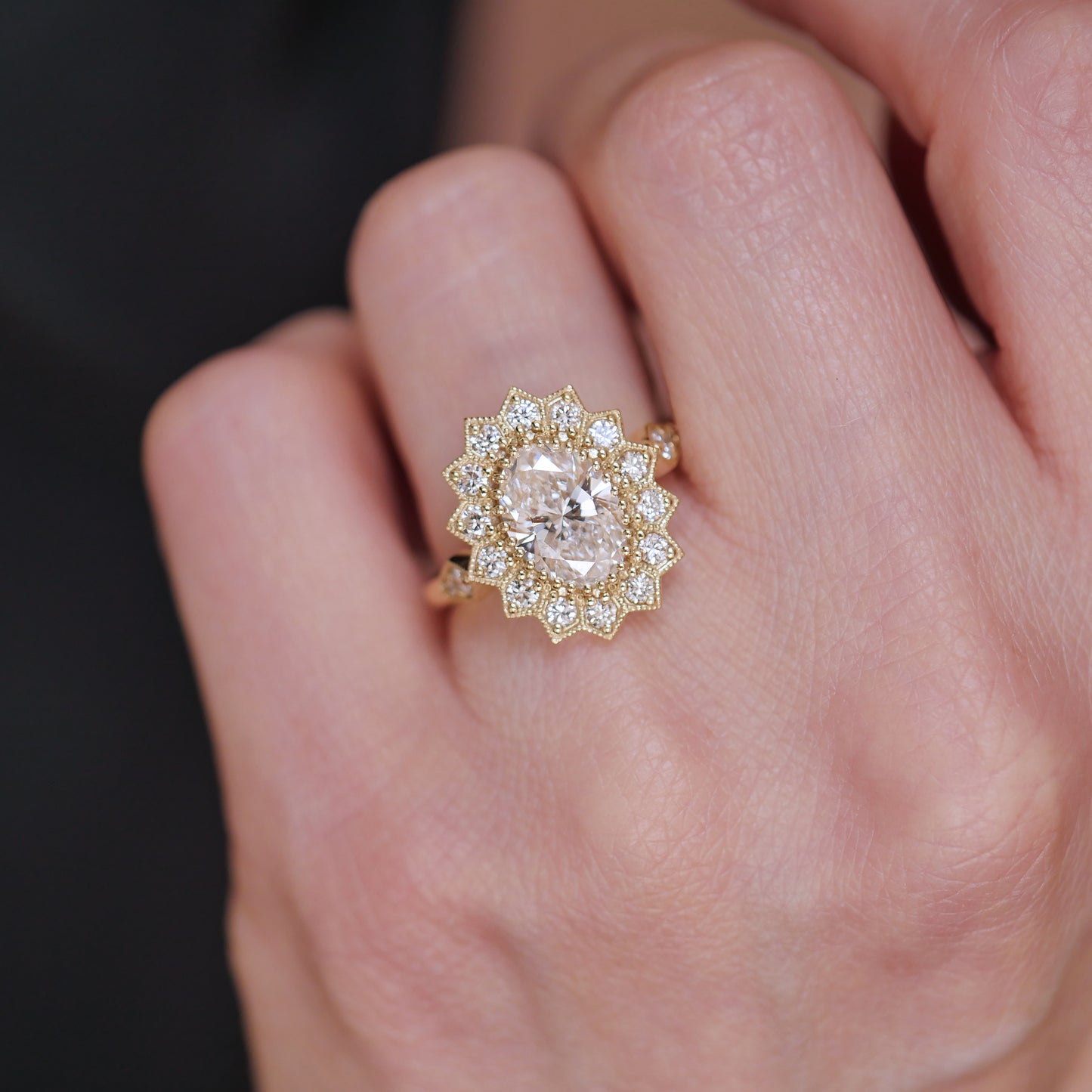 Custom Oval Diamond Mosaic Sunflower Ring 2.00 ctw. center