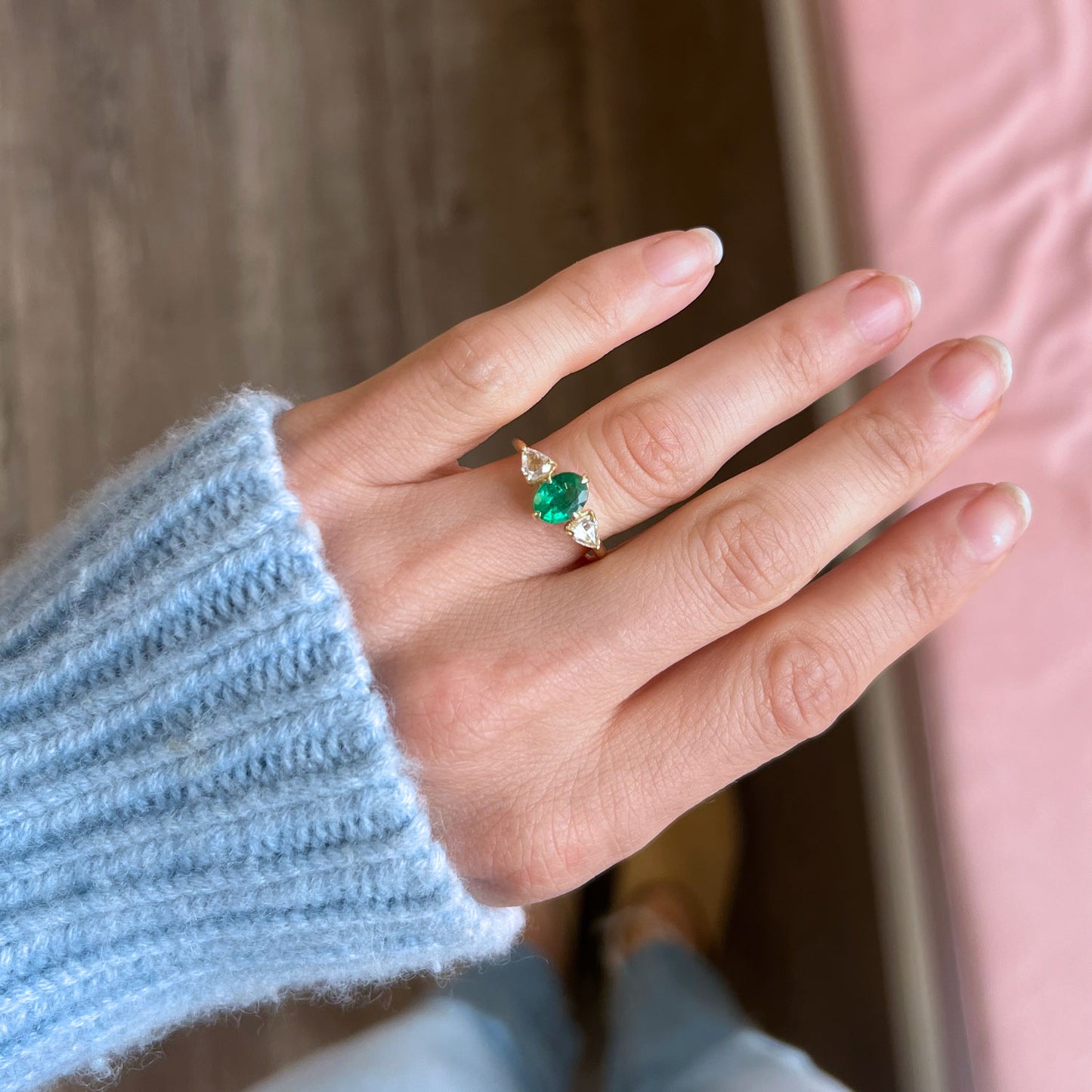 Oval Emerald & Trillion Diamond Ring