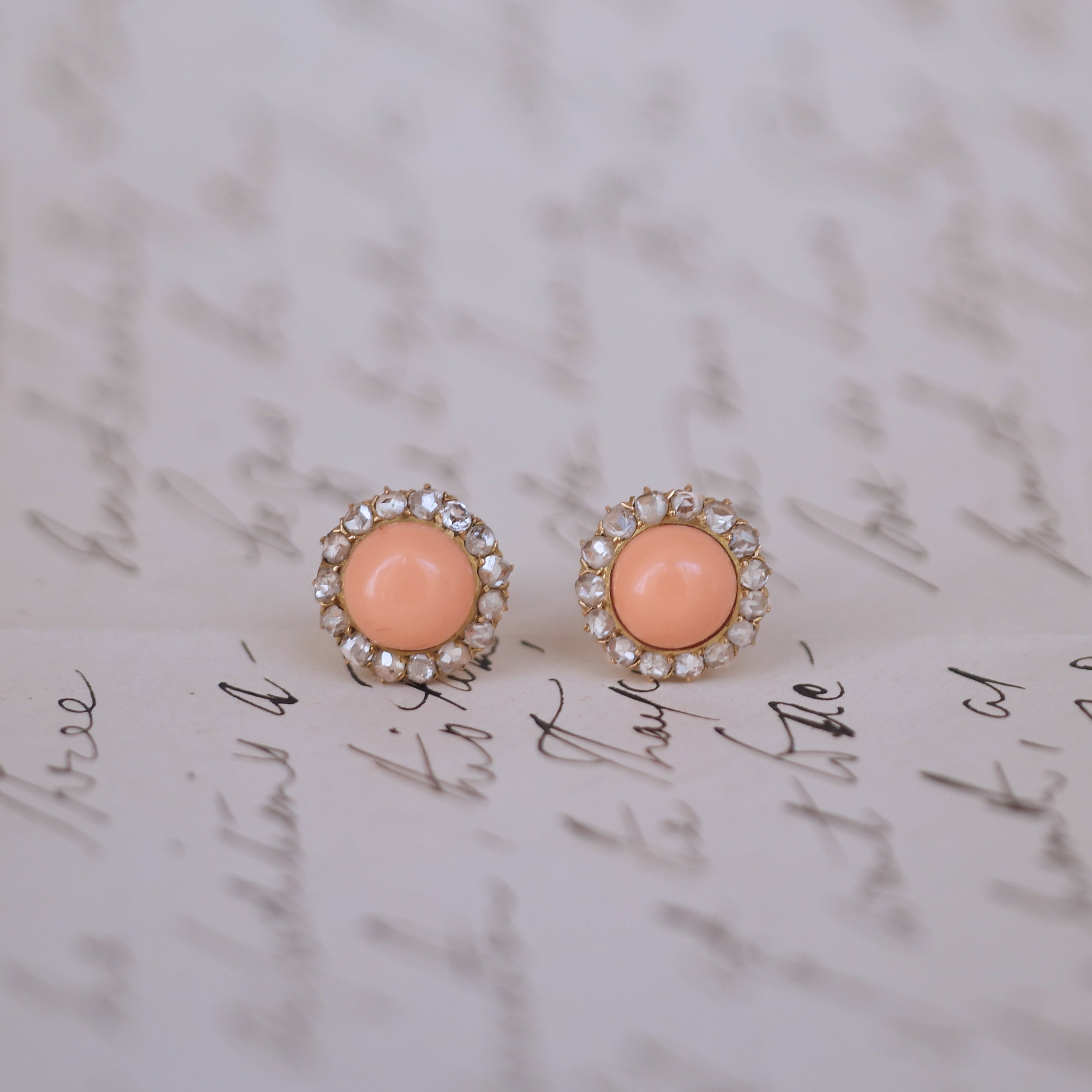 Antique Coral Diamond Halo Earrings