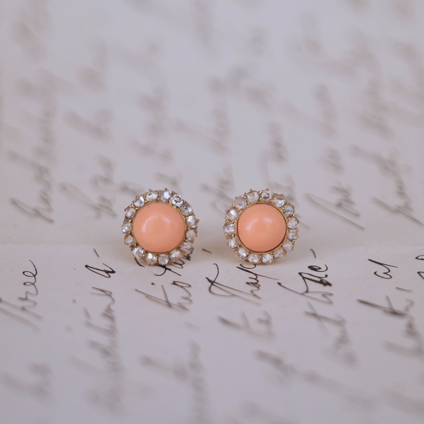 Antique Coral Diamond Halo Earrings