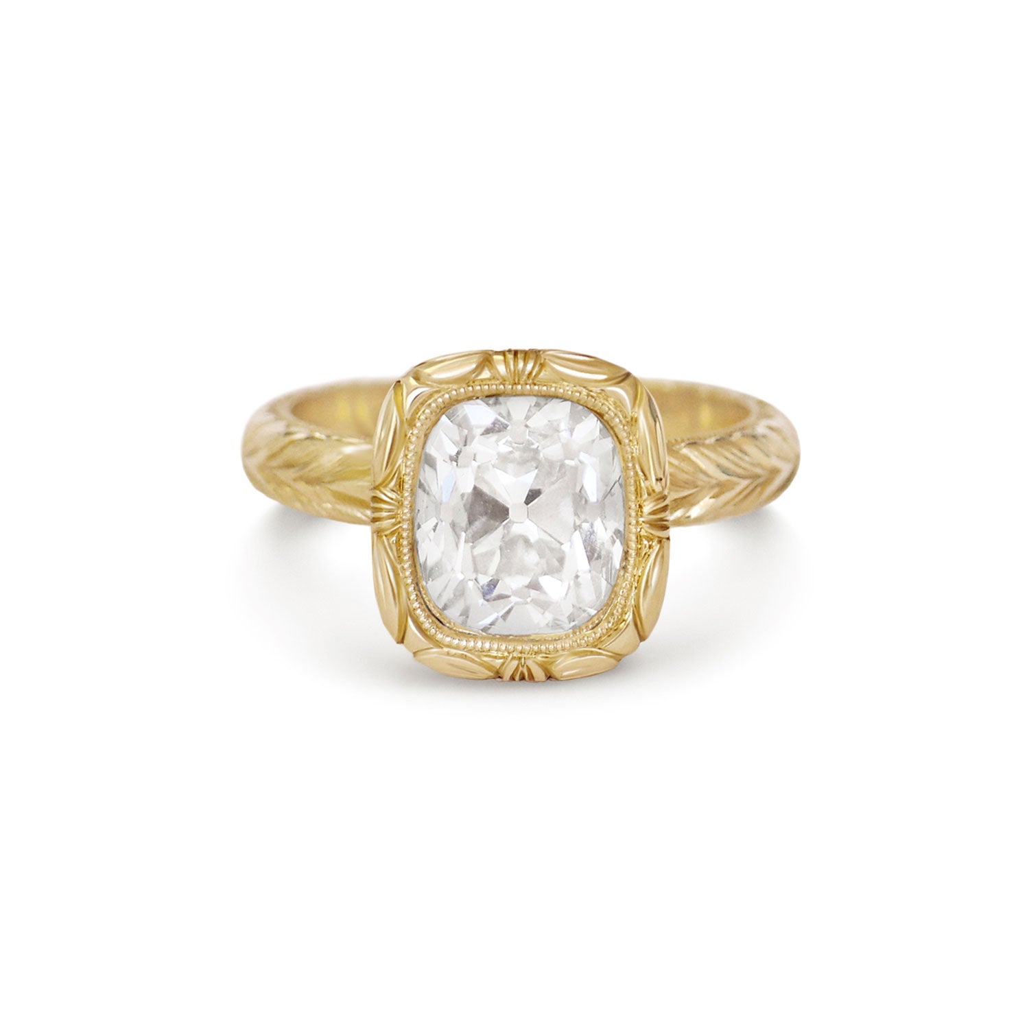 Antique Cushion Cut Diamond Engraved Bubble Ring