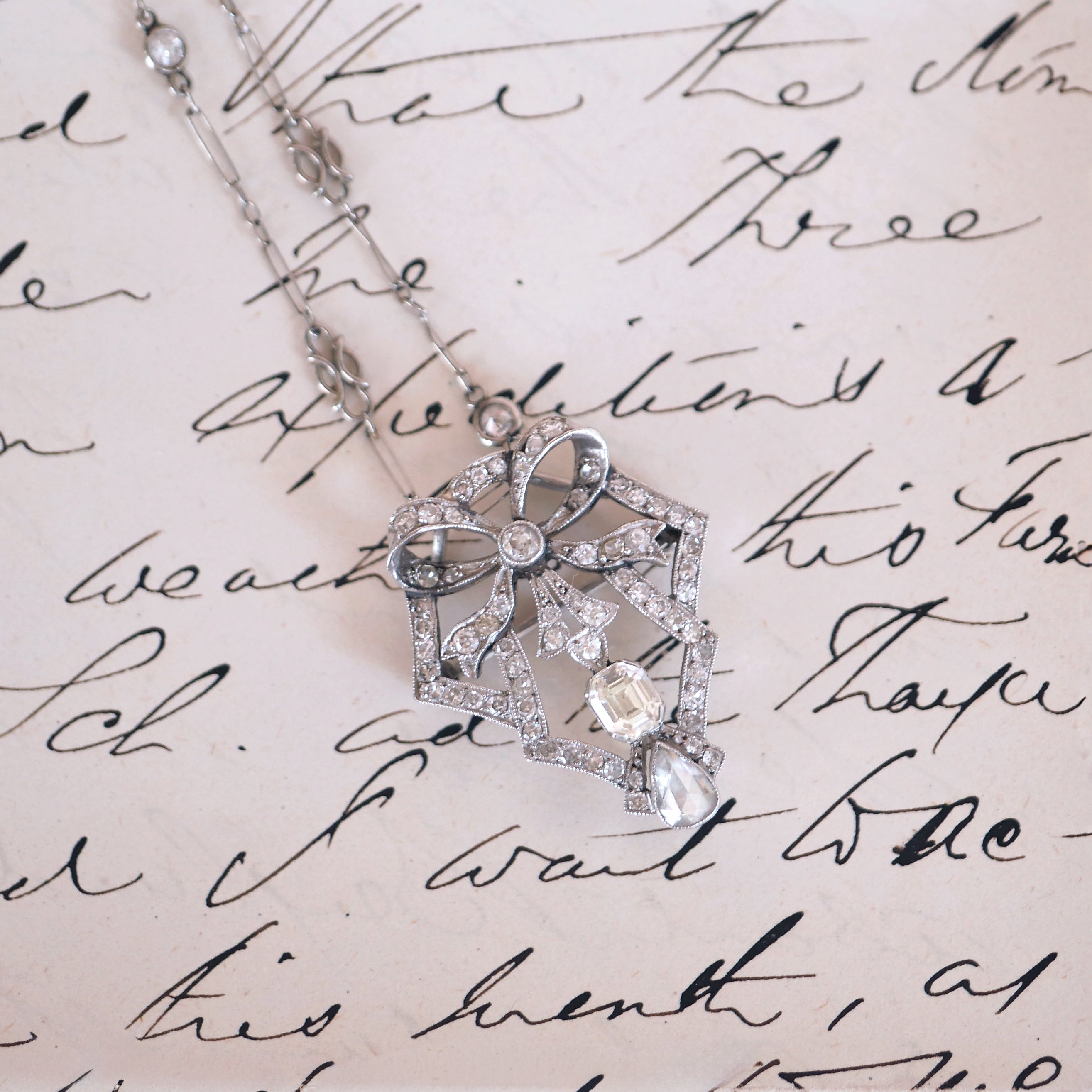 Antique Diamond Bow Pendant Necklace