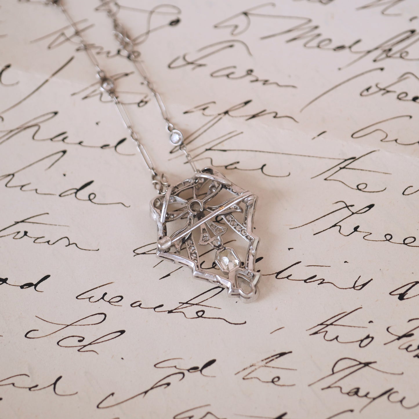 Antique Diamond Bow Pendant Necklace