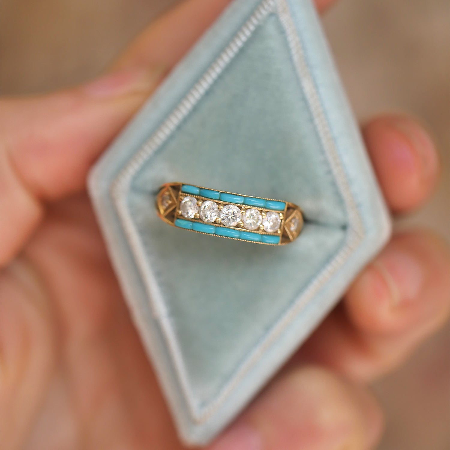 Art Deco Five Diamond Ring with Turquoise