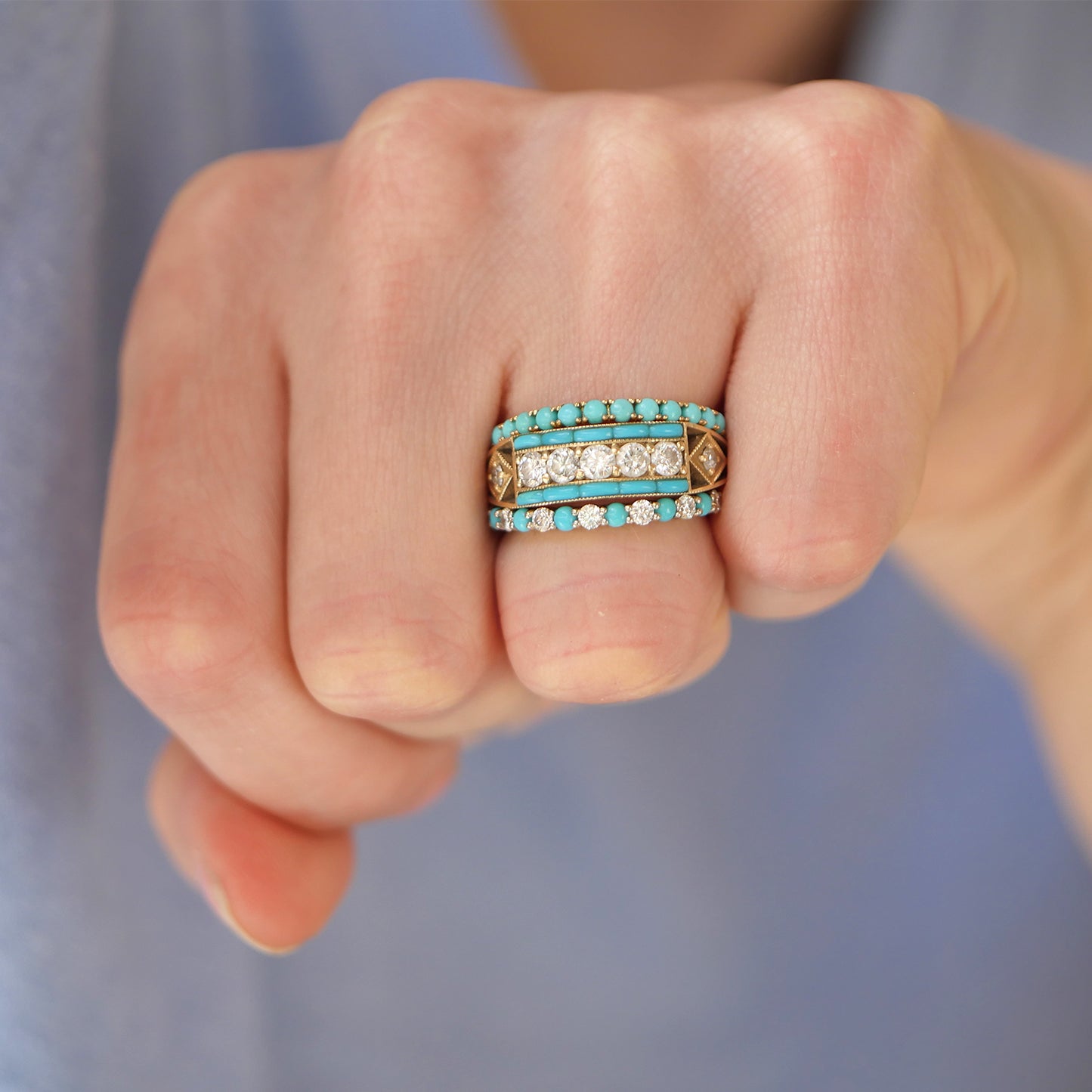 Art Deco Five Diamond Ring with Turquoise