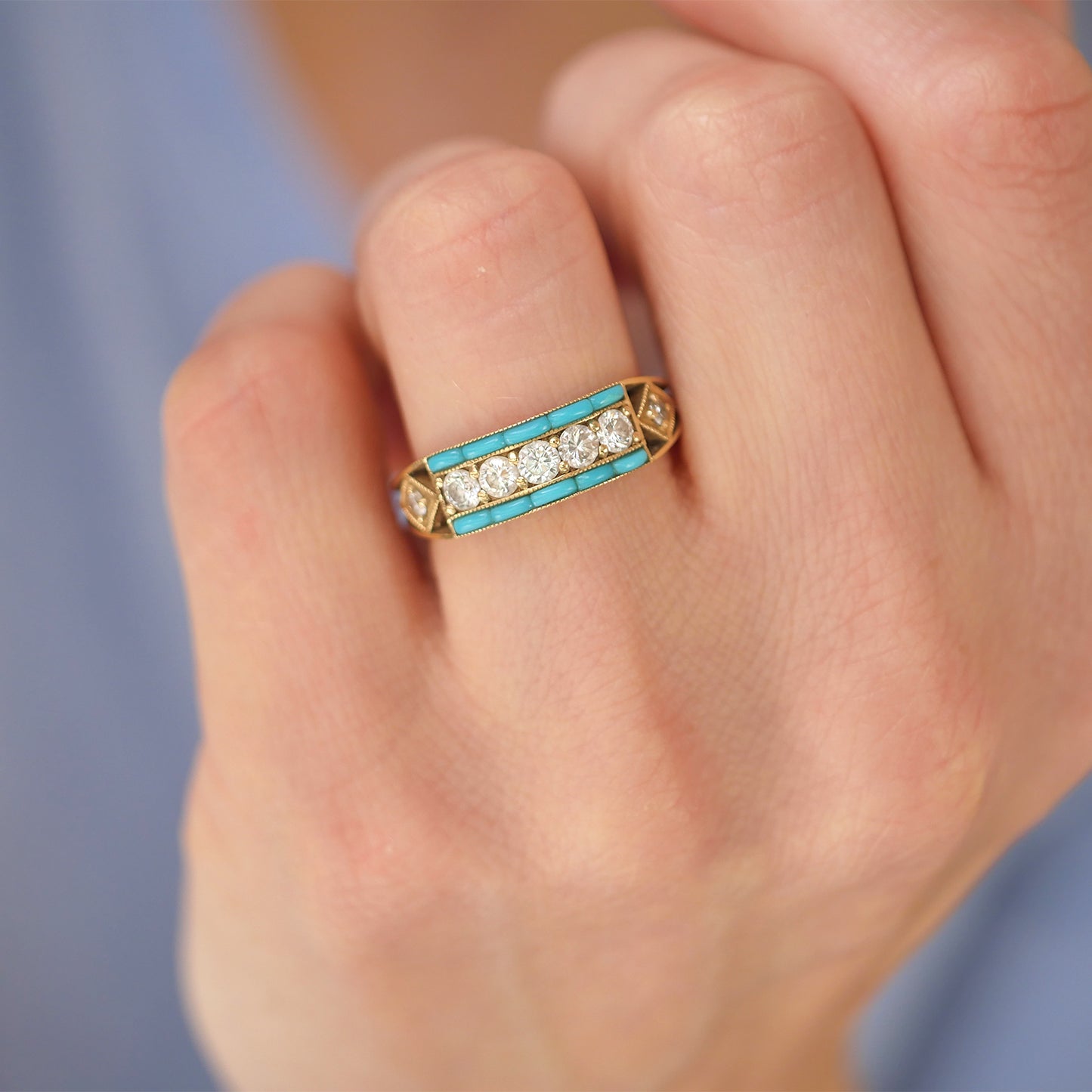 Art Deco Five Diamond Ring with Turquoise