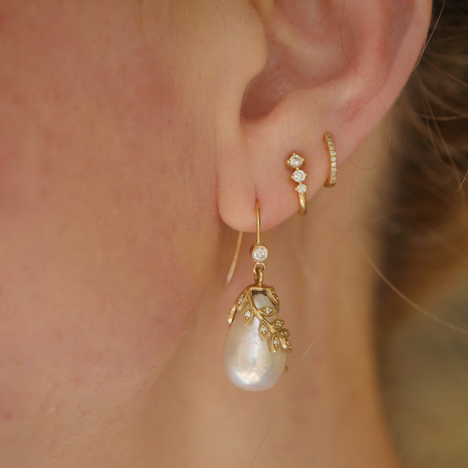 Pearl and Diamond Vine Drop Earrings