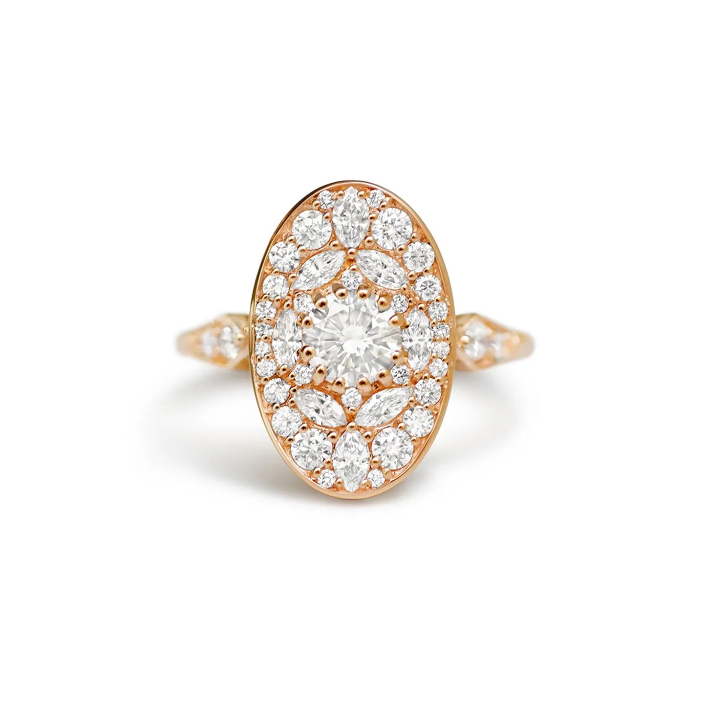 Rose Gold Oval Shape Marquise and Round Brilliant Cut Diamond Mosaic Ring