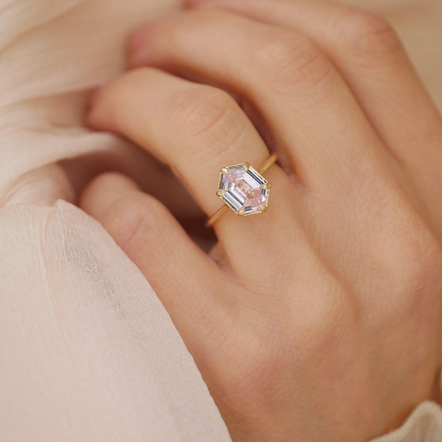 Pink Hexagon Sapphire Solitaire Ring